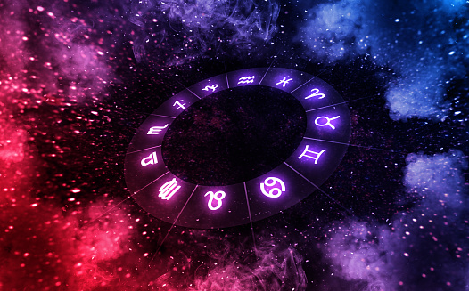 Zodiac signs 2022: Dates And Symbols 2 Zodiac signs inside of horoscope circle on universe. Astrology and horoscopes